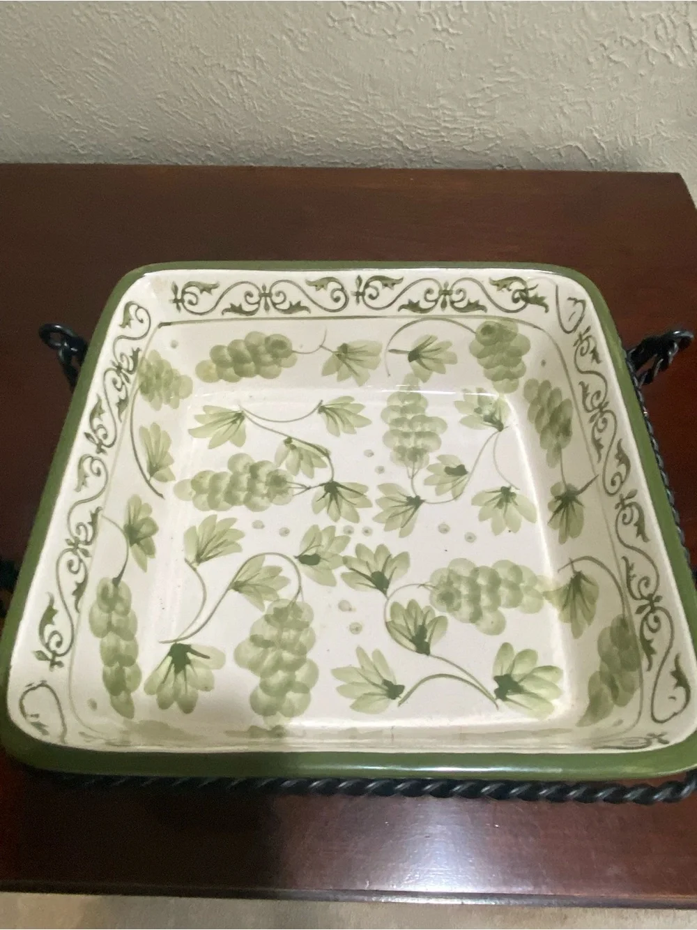 Temptations by Tara, Vineyard Green Square Baker with Black Wire Serving Rack 2Q